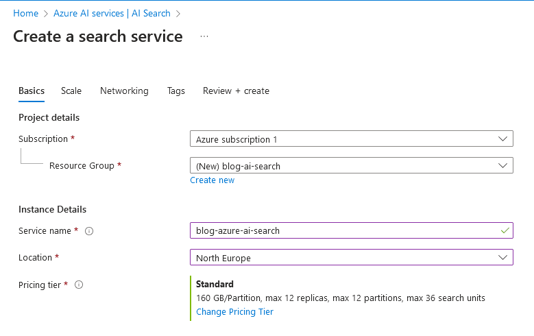 Create new Azure AI Search service