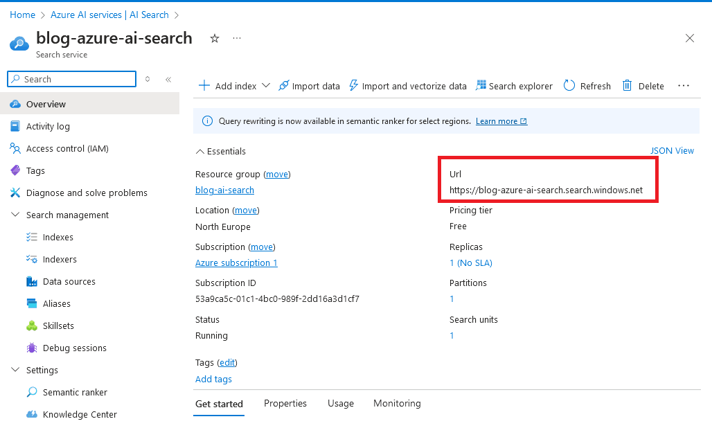 Azure AI Search URL