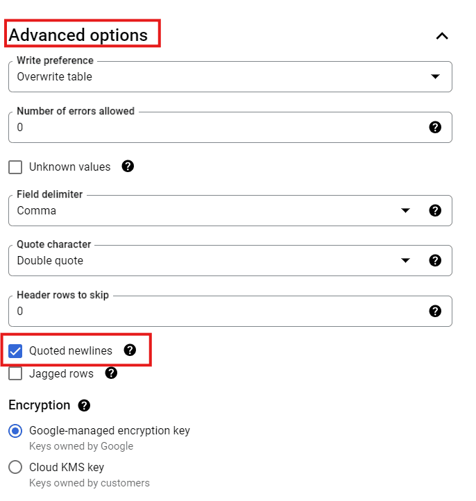 Table advanced options