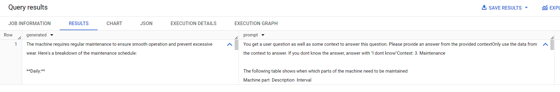 BigQuery RAG results