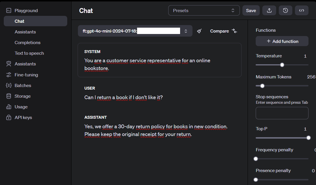 OpenAI playground with fine-tuned model