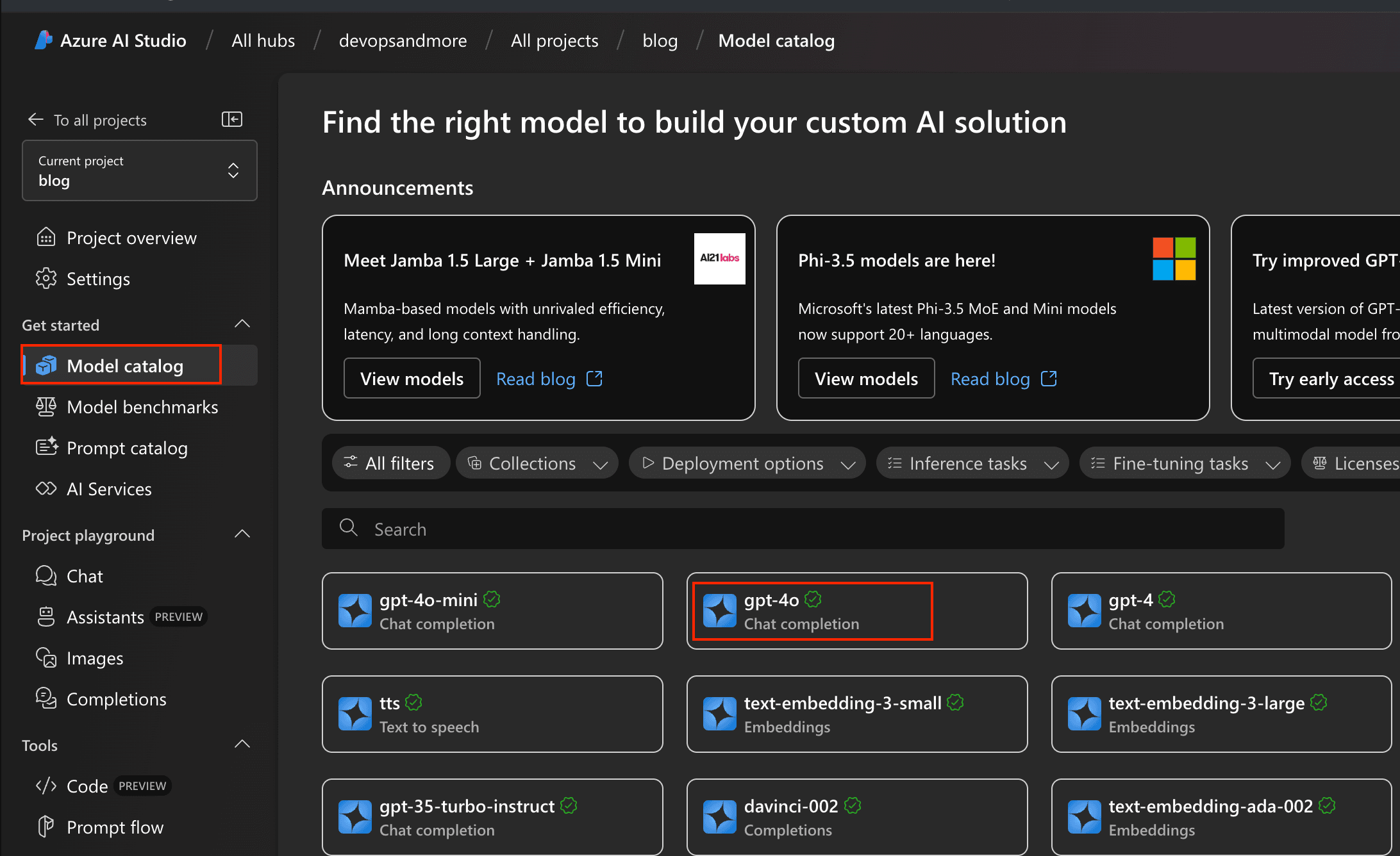 Azure AI Studio - model catalog